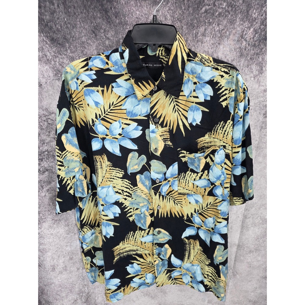 Natural Issue Hawaiian Shirt Men Large Black Blue Tropical Floral Aloha Vacation